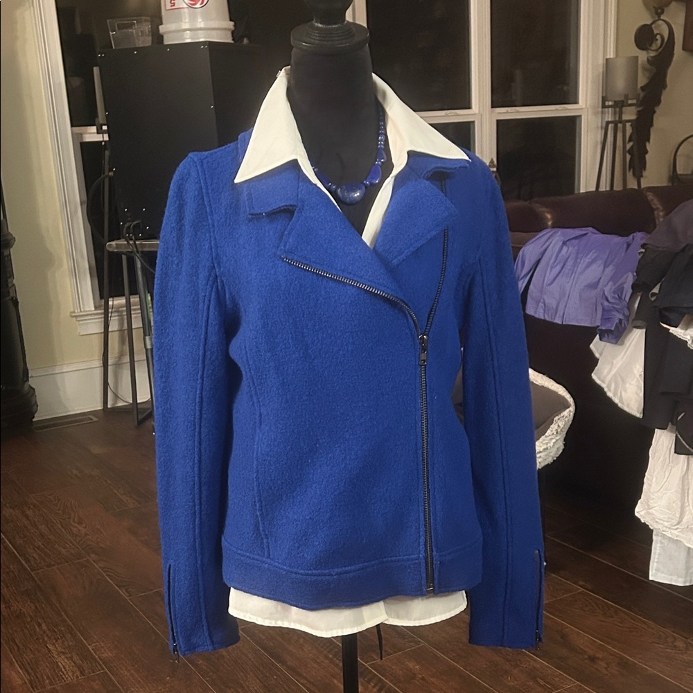 Tahari Sz M Cobalt Blue Wool Blend Zip Front Women's Jacket GUC